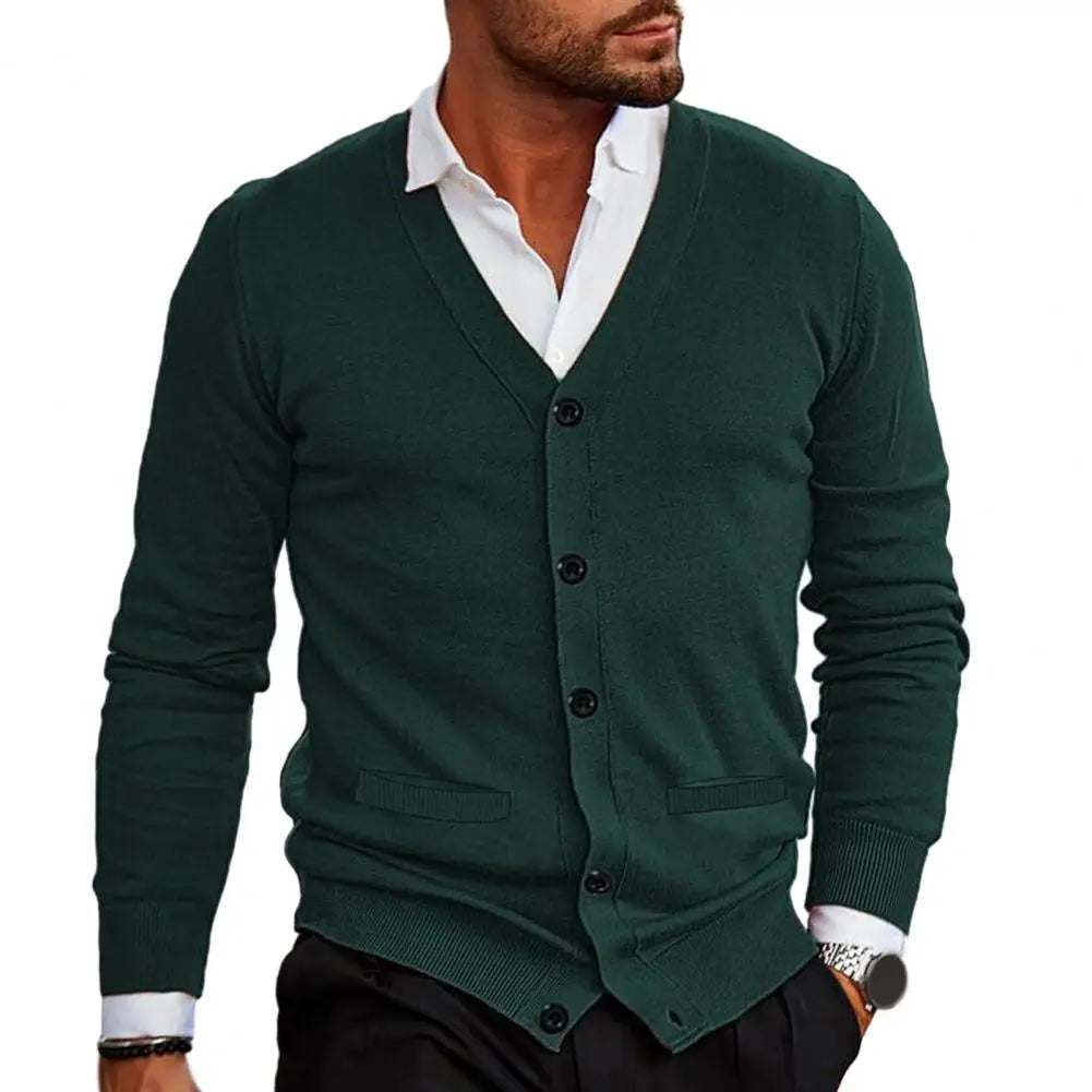 Men’s Knitted Cardigan - V-Neck Button-Up - Tailored Fit with Ribbed Cuffs & Hem