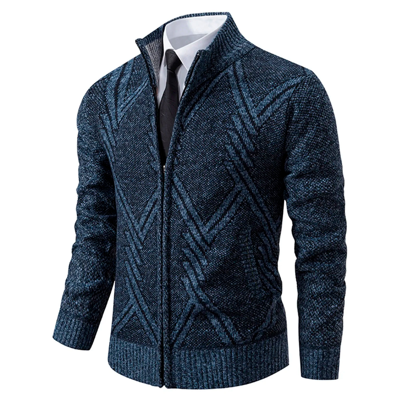 Men’s Knitted Cardigan - Wool Blend - Zip-Up High Neck - Tailored Fit - Ribbed Cuffs