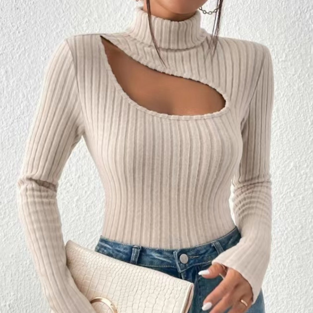 Ladies ribbed turtleneck sweater | Hollow chest