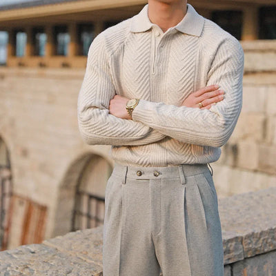 Men’s Knitted Sweater – Slim Fit – Cable Knit – Polo Collar – Long Sleeve Smart Wear