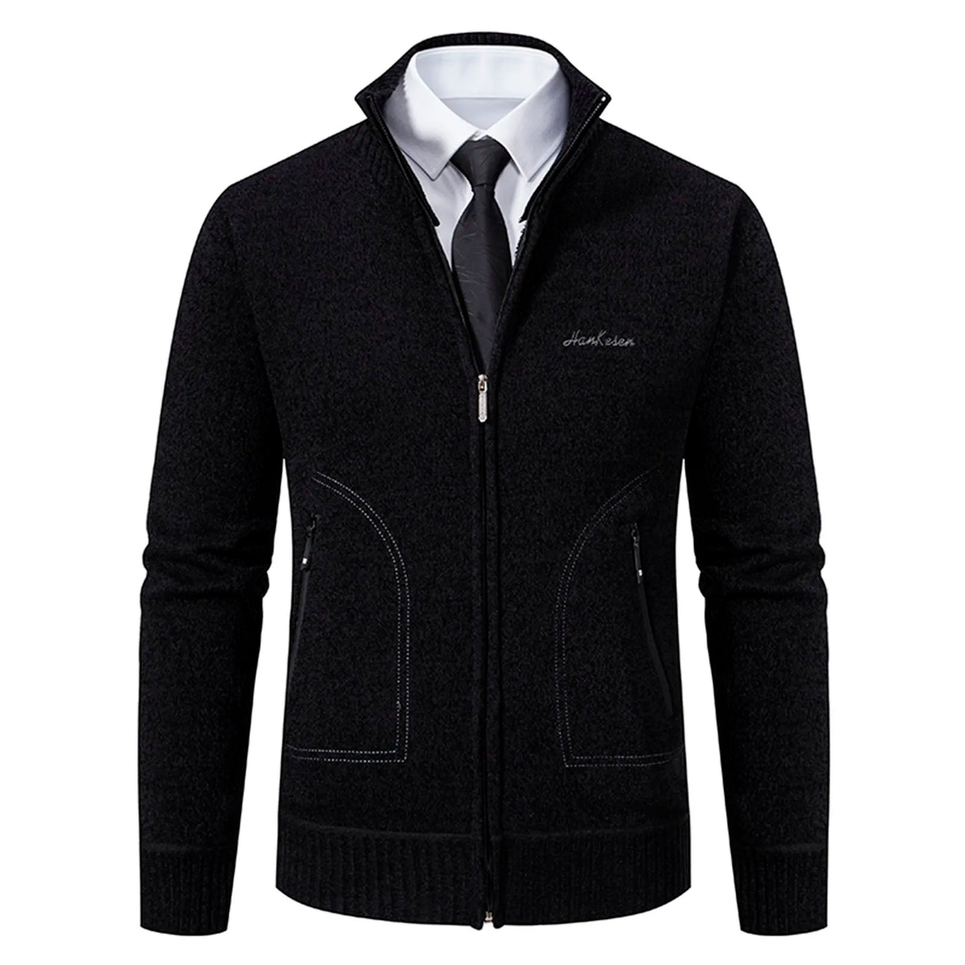 Men’s Knitted Cardigan - Wool Blend - Zip-Up High Neck - Tailored Fit - Ribbed Cuffs