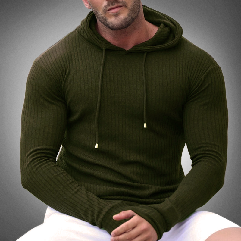 Men’s Slim Fit Hoodie - Ribbed Knit - Long Sleeve - Adjustable Drawstring