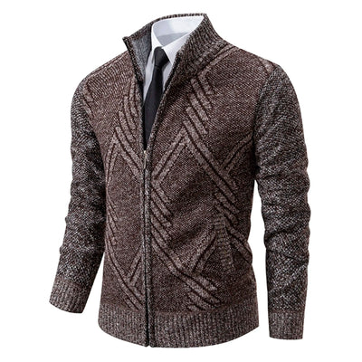 Men’s Knitted Cardigan - Wool Blend - Zip-Up High Neck - Tailored Fit - Ribbed Cuffs