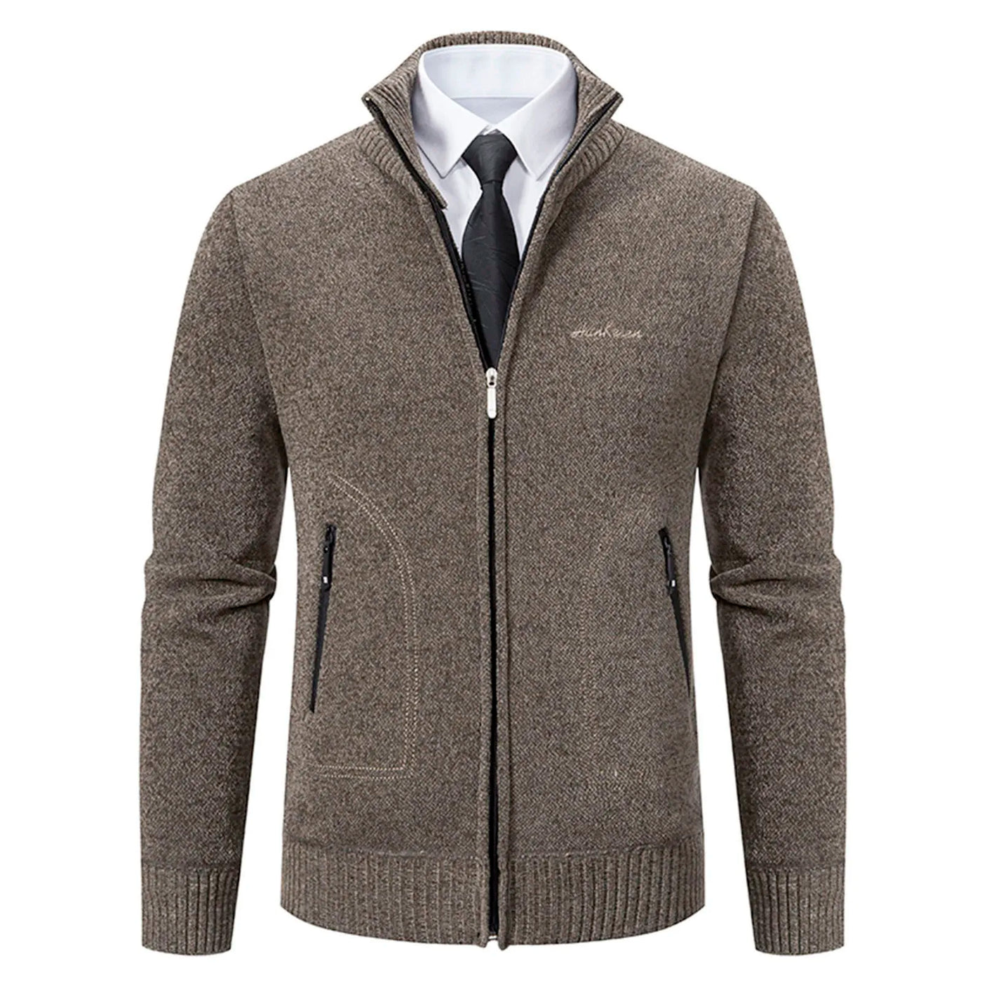 Men’s Knitted Cardigan - Wool Blend - Zip-Up High Neck - Tailored Fit - Ribbed Cuffs