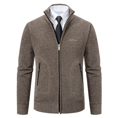 Men’s Knitted Cardigan - Wool Blend - Zip-Up High Neck - Tailored Fit - Ribbed Cuffs