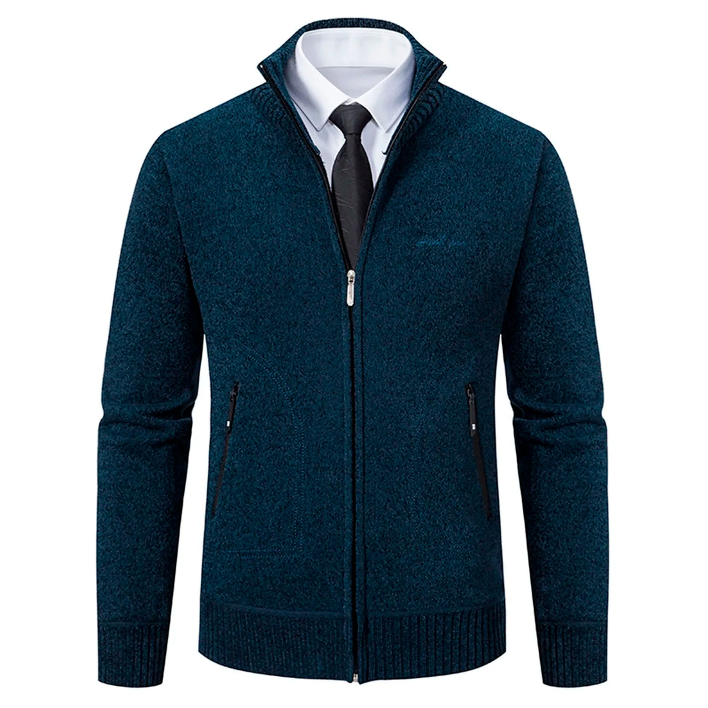 Men’s Knitted Cardigan - Wool Blend - Zip-Up High Neck - Tailored Fit - Ribbed Cuffs