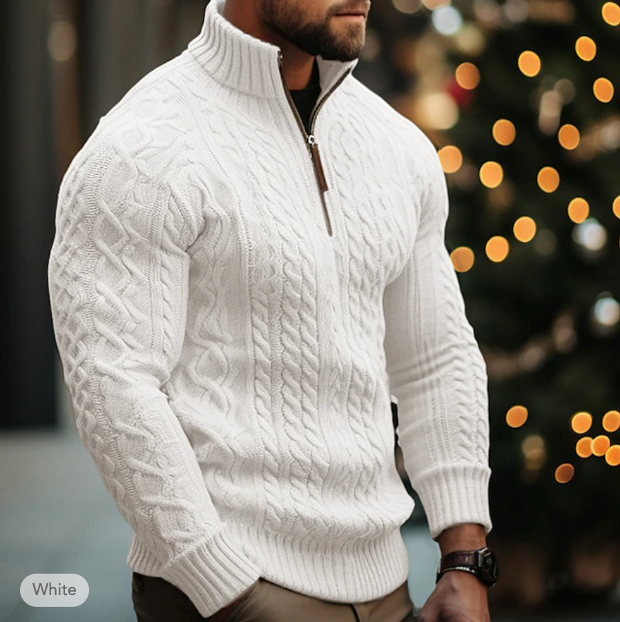 Men's Cable Knit Sweater - Half Zip - High Collar - Warm & Comfortable Fit
