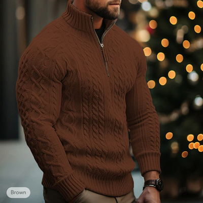 Men's Cable Knit Sweater - Half Zip - High Collar - Warm & Comfortable Fit