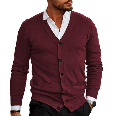 Men’s Knitted Cardigan - V-Neck Button-Up - Tailored Fit with Ribbed Cuffs & Hem