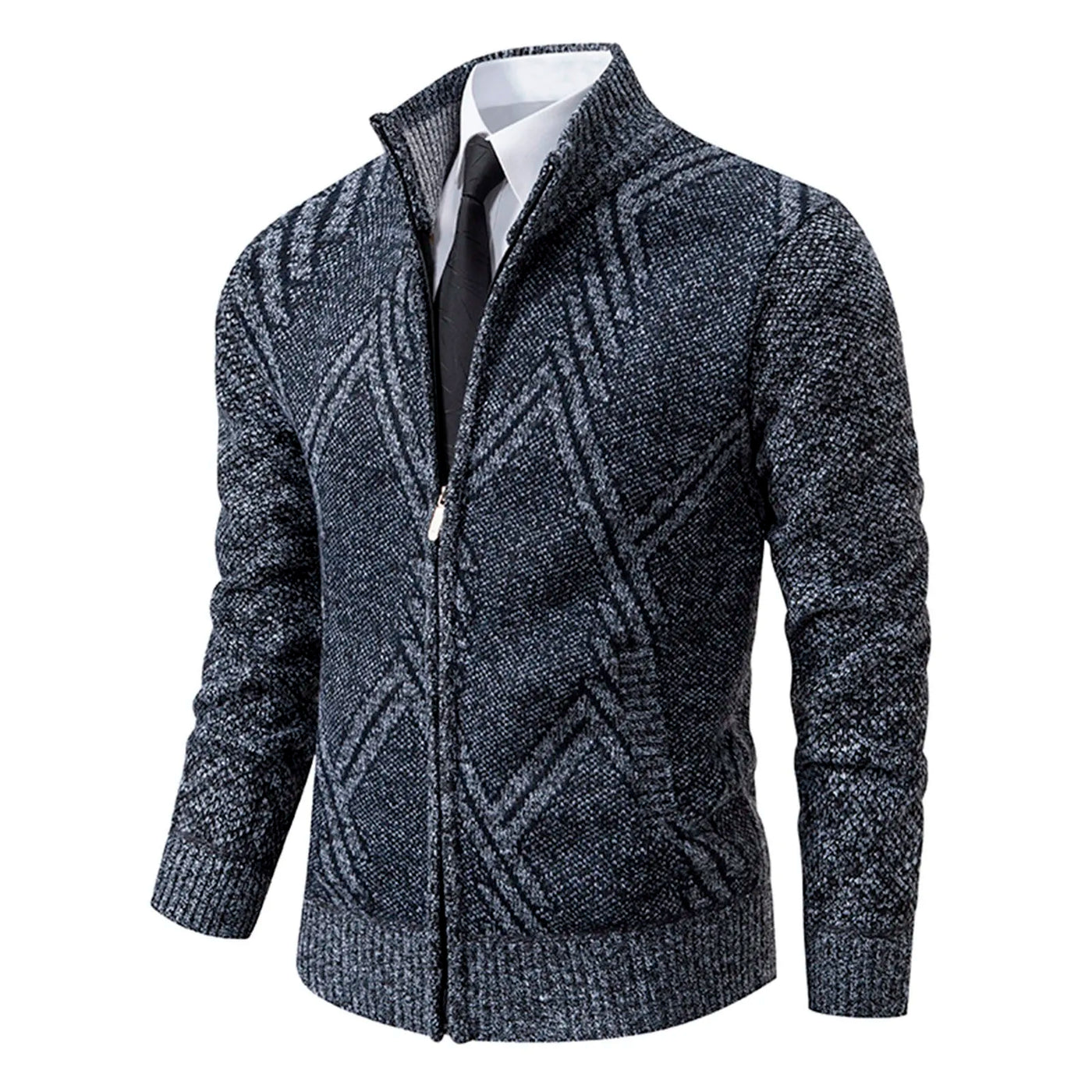 Men’s Knitted Cardigan - Wool Blend - Zip-Up High Neck - Tailored Fit - Ribbed Cuffs