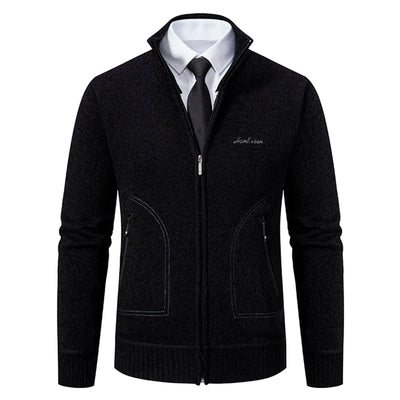 Men’s Knitted Cardigan - Wool Blend - Zip-Up High Neck - Tailored Fit - Ribbed Cuffs