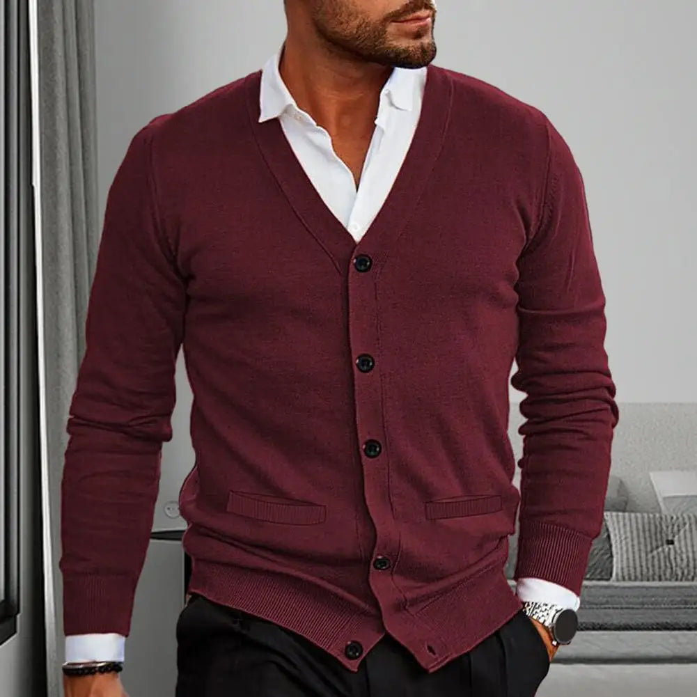 Men’s Knitted Cardigan - V-Neck Button-Up - Tailored Fit with Ribbed Cuffs & Hem