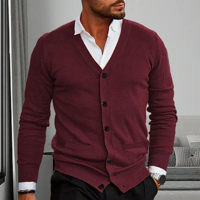 Men’s Knitted Cardigan - V-Neck Button-Up - Tailored Fit with Ribbed Cuffs & Hem