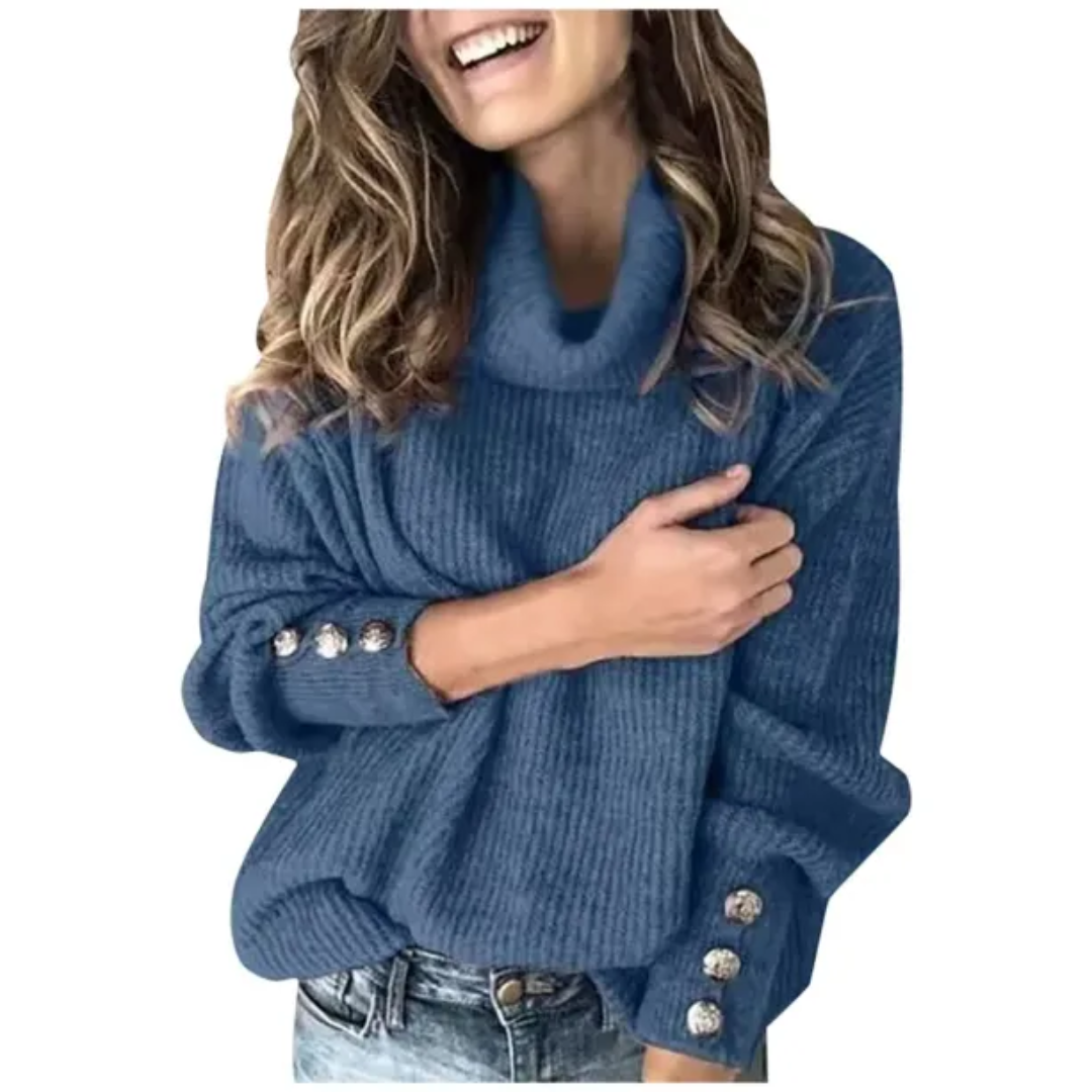 Helgan | Button Cuff Slouchy Turtleneck Sweater