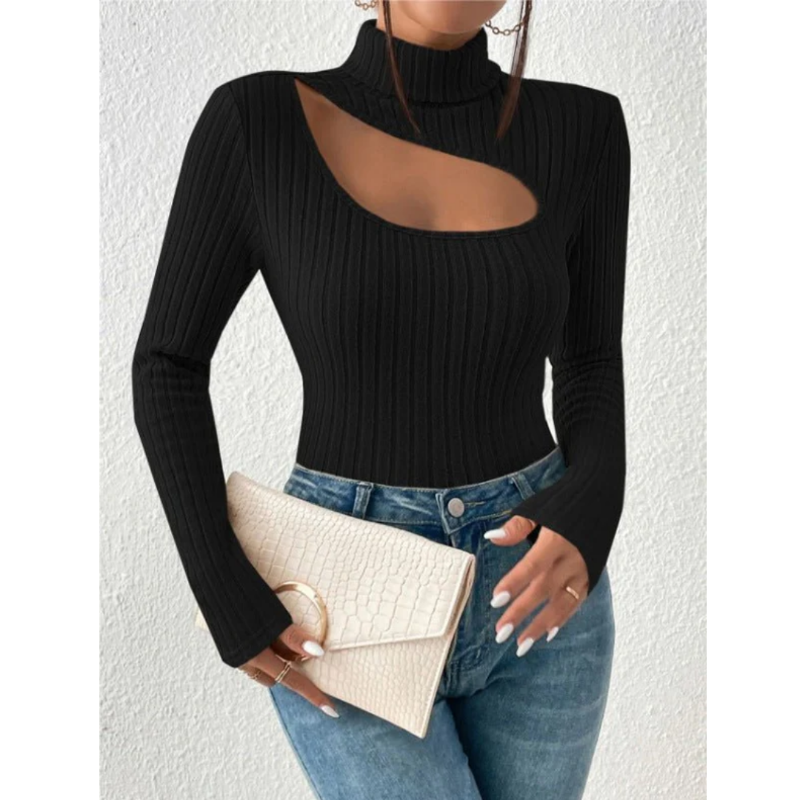 Ladies ribbed turtleneck sweater | Hollow chest