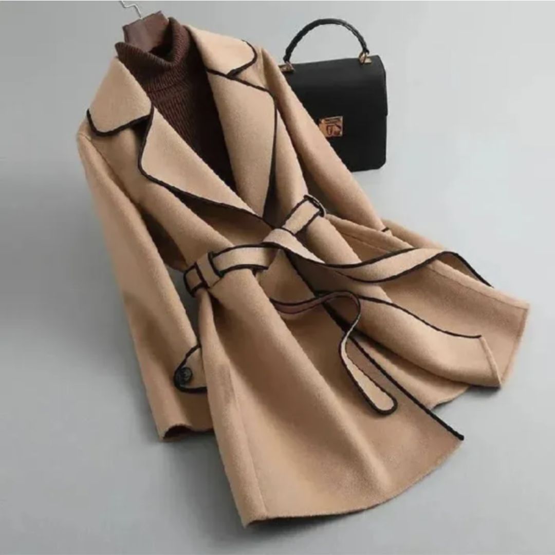 Tracey | Chic Contrast-Trim Belted Trench