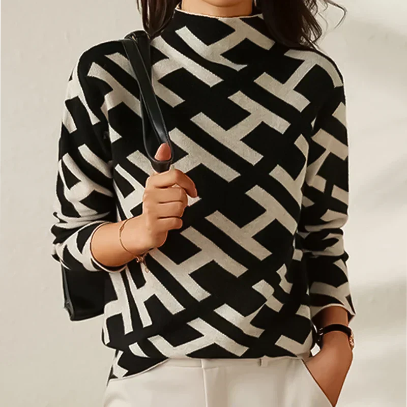 Knitting sweaters with stylish details and fashionable two-color design for women