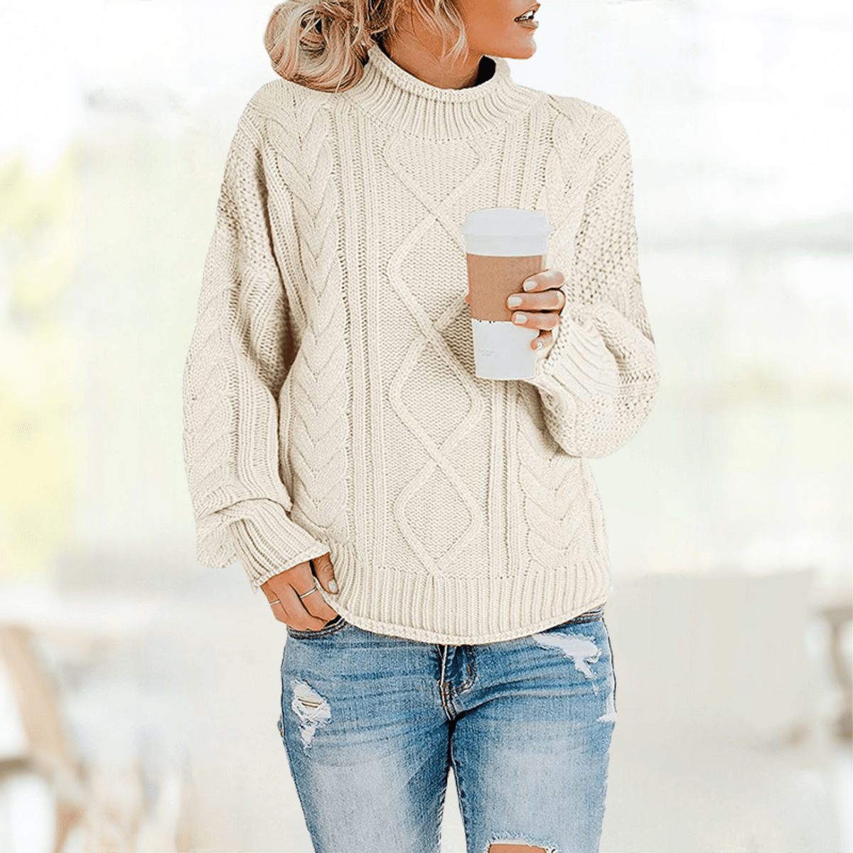 Beiger roll collar sweater Amy - Elegance & Comfort in Winter