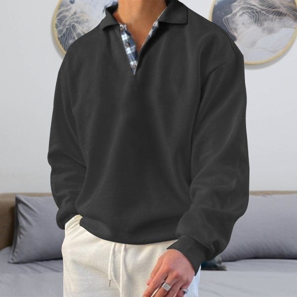 Men's Long-Sleeve Polo Shirt - Classic Collar - Button Placket - Relaxed Fit Casual Wear