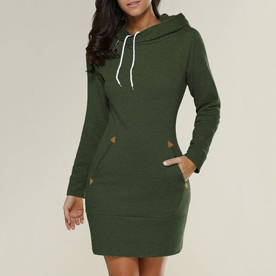 A casual hooded dress knee -length