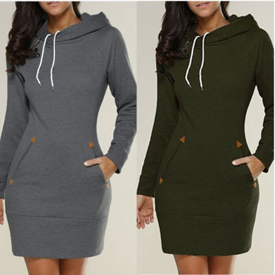 A casual hooded dress knee -length