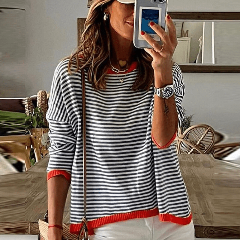 Sweaters in blue with orange -colored edge and striped pattern
