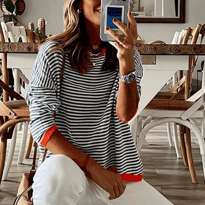 Sweaters in blue with orange -colored edge and striped pattern