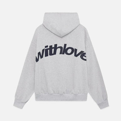 Sweater with a hood and stylish "with love" logo on the back