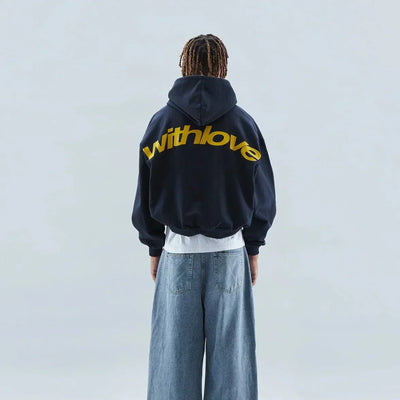 Sweater with a hood and stylish "with love" logo on the back